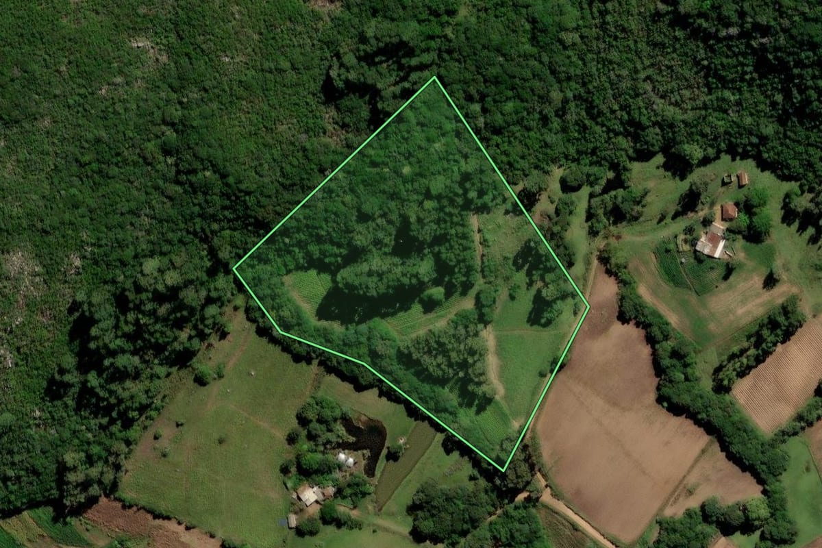 Imagem de satélite do imóvel rural em Canguçu (RS), com o contorno declarado no CAR desenhado por cima.