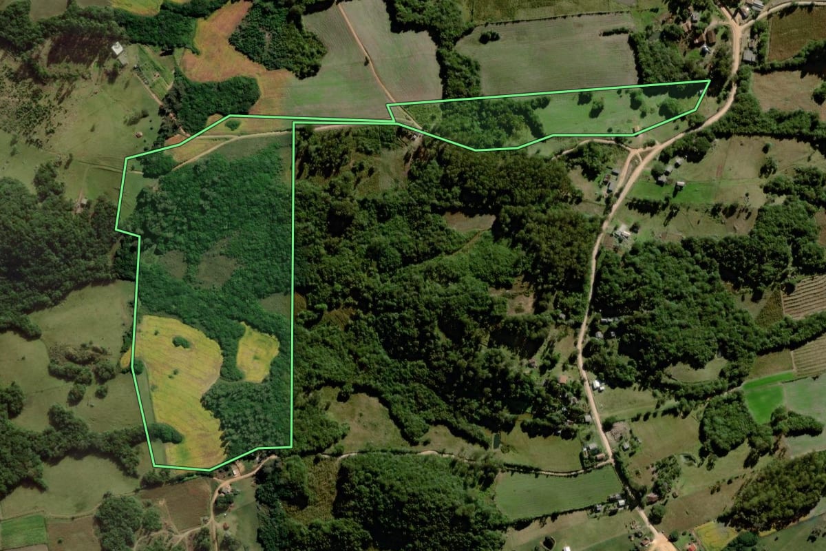 Imagem de satélite do imóvel rural em Canguçu (RS), com o contorno declarado no CAR desenhado por cima.