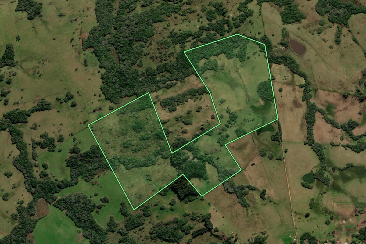 Imagem de satélite do imóvel rural em Canguçu (RS), com o contorno declarado no CAR desenhado por cima.