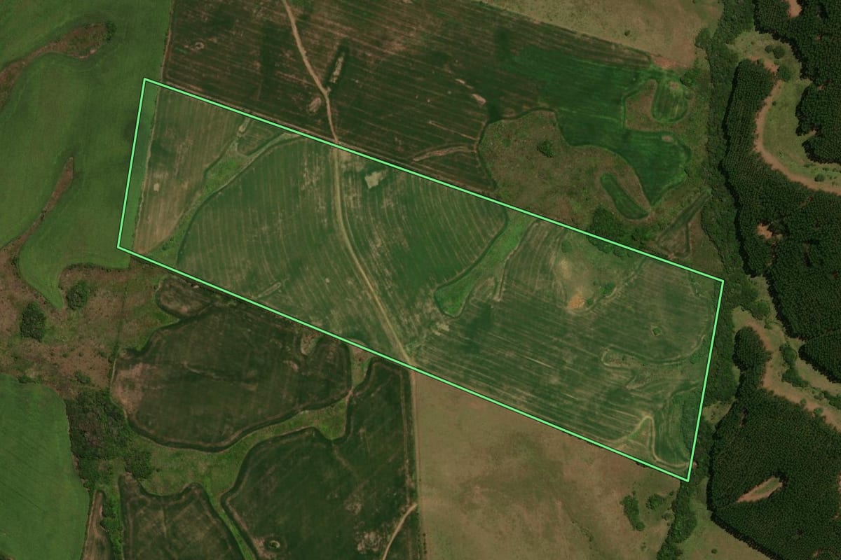 Imagem de satélite do imóvel rural em Canguçu (RS), com o contorno declarado no CAR desenhado por cima.