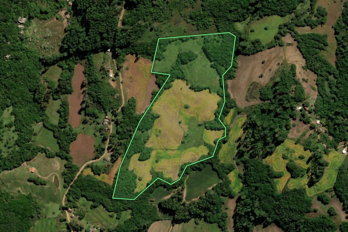 Imagem de satélite do imóvel rural em Canguçu (RS), com o contorno declarado no CAR desenhado por cima.