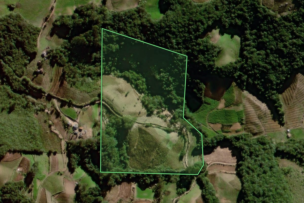 Imagem de satélite do imóvel rural em Canguçu (RS), com o contorno declarado no CAR desenhado por cima.
