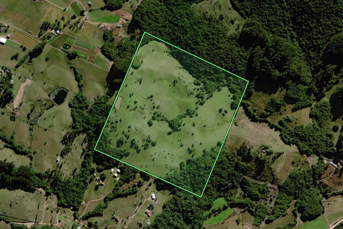 Imagem de satélite do imóvel rural em Canguçu (RS), com o contorno declarado no CAR desenhado por cima.