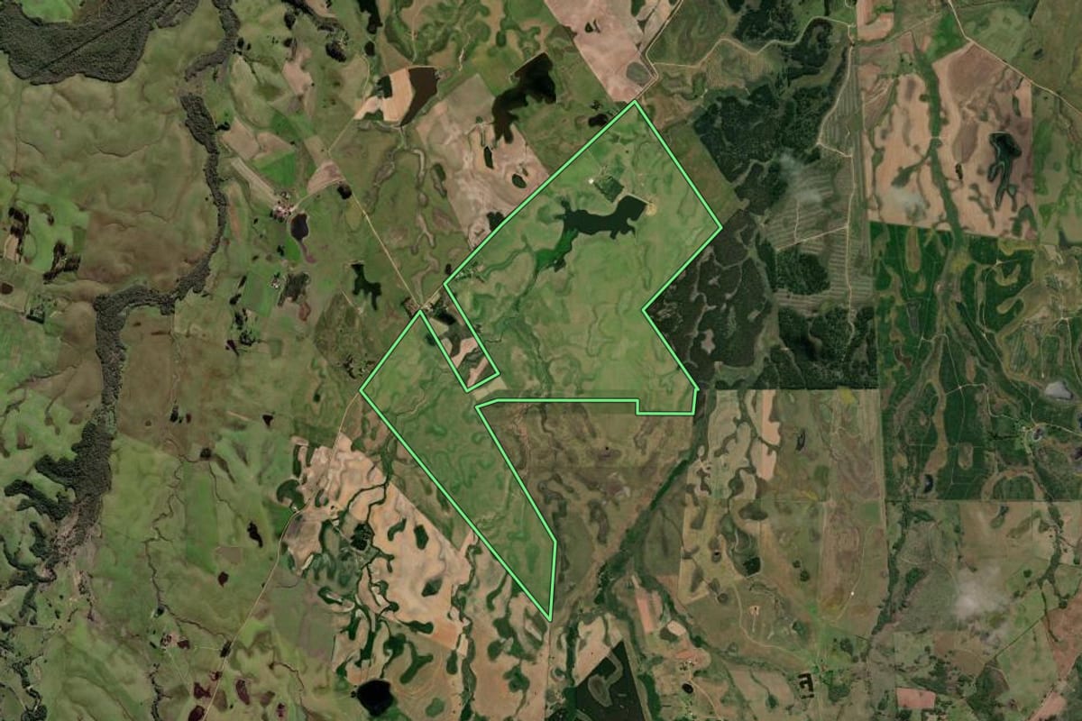 Imagem de satélite do imóvel rural em Canguçu (RS), com o contorno declarado no CAR desenhado por cima.