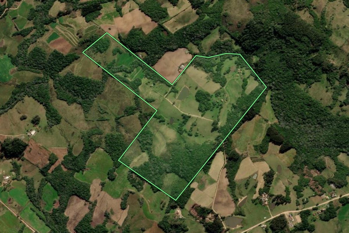 Imagem de satélite do imóvel rural em Canguçu (RS), com o contorno declarado no CAR desenhado por cima.
