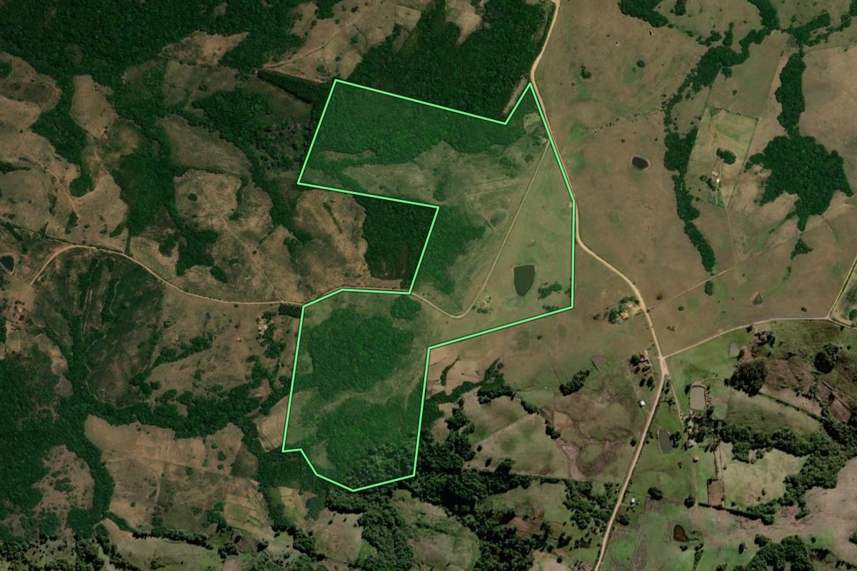Imagem de satélite do imóvel rural em Canguçu (RS), com o contorno declarado no CAR desenhado por cima.