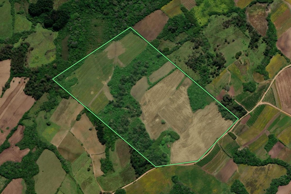 Imagem de satélite do imóvel rural em Canguçu (RS), com o contorno declarado no CAR desenhado por cima.