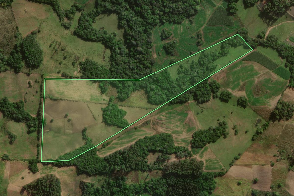 Imagem de satélite do imóvel rural em Canguçu (RS), com o contorno declarado no CAR desenhado por cima.