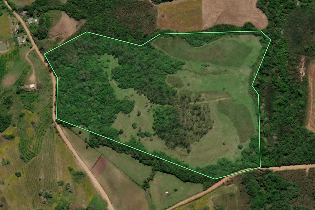 Imagem de satélite do imóvel rural em Canguçu (RS), com o contorno declarado no CAR desenhado por cima.