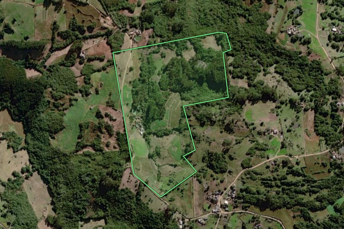 Imagem de satélite do imóvel rural em Canguçu (RS), com o contorno declarado no CAR desenhado por cima.