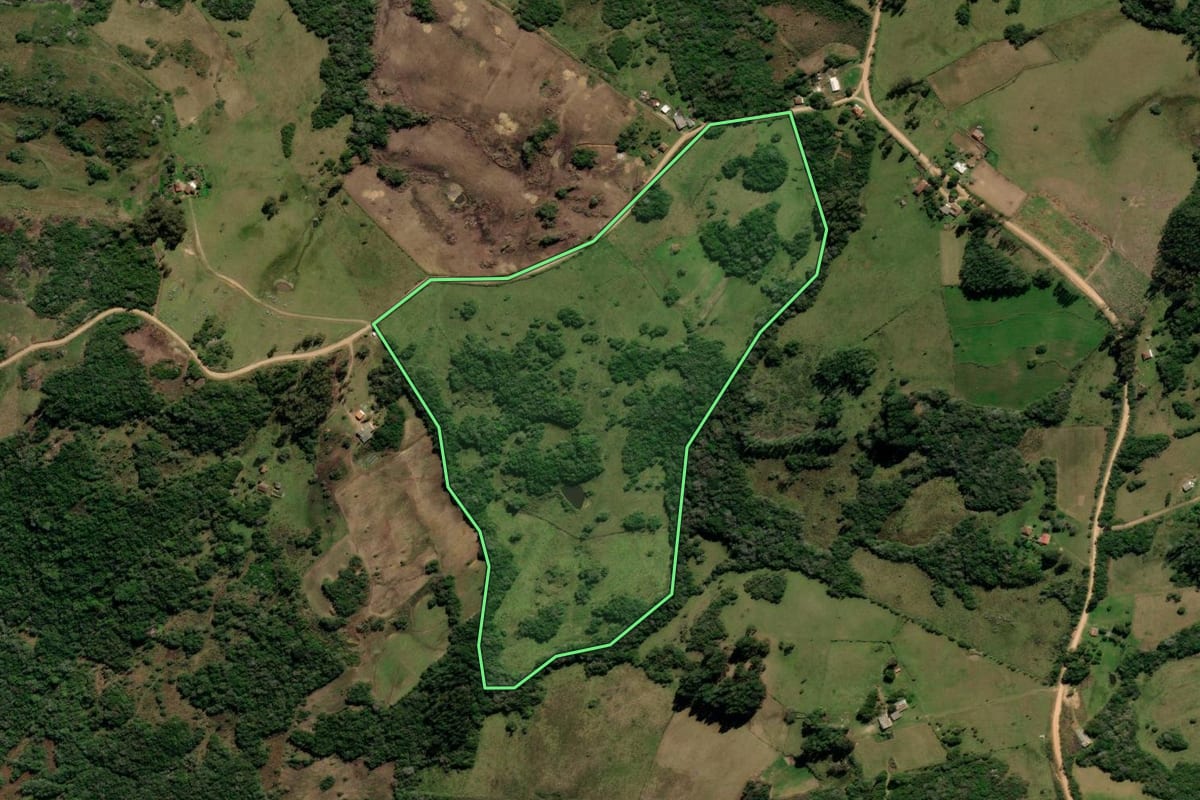 Imagem de satélite do imóvel rural em Canguçu (RS), com o contorno declarado no CAR desenhado por cima.
