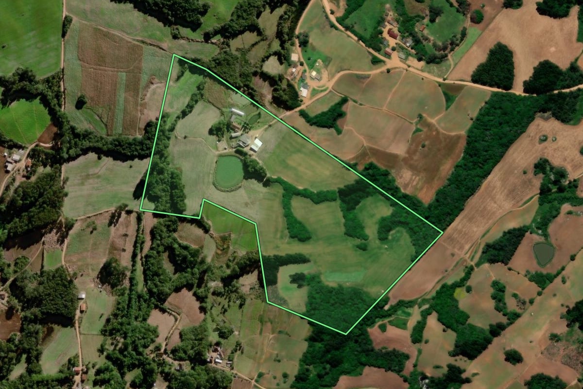 Imagem de satélite do imóvel rural em Canguçu (RS), com o contorno declarado no CAR desenhado por cima.