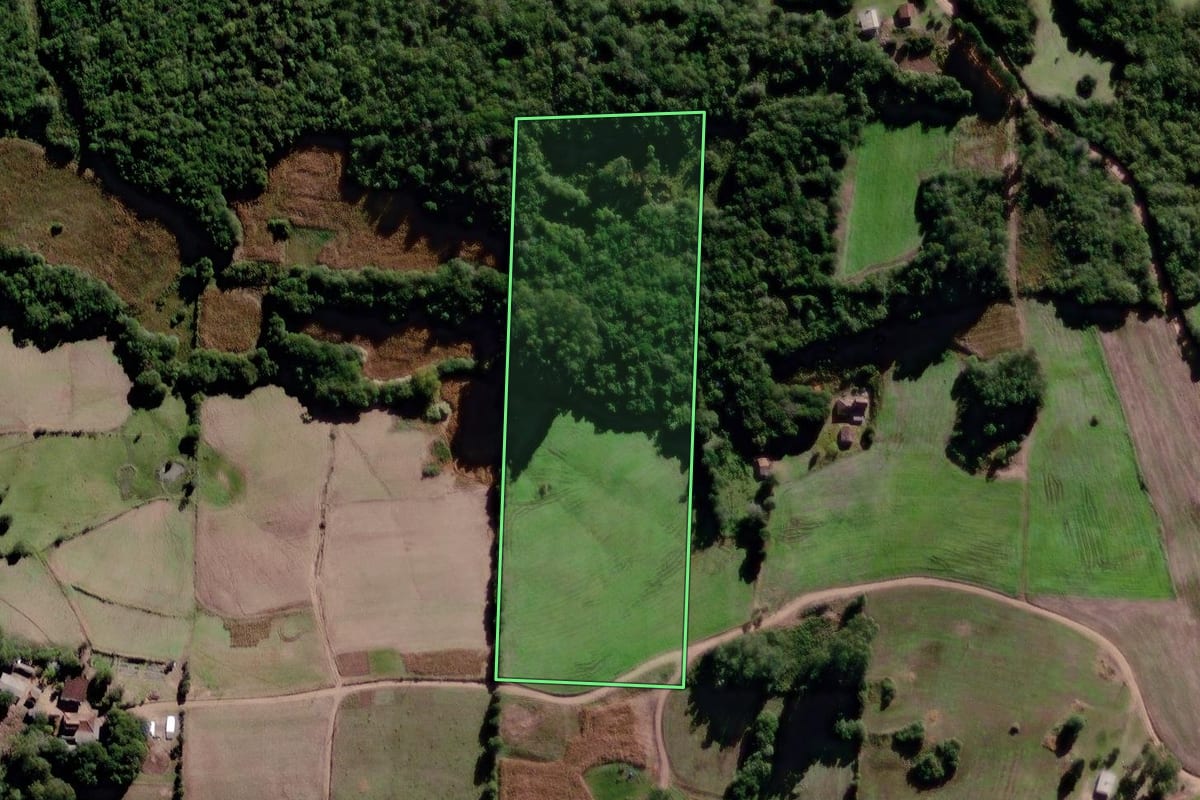 Imagem de satélite do imóvel rural em Canguçu (RS), com o contorno declarado no CAR desenhado por cima.