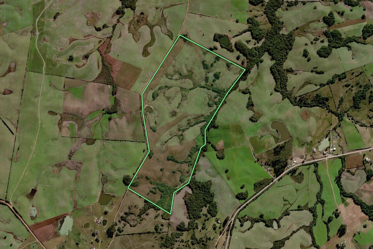 Imagem de satélite do imóvel rural em Canguçu (RS), com o contorno declarado no CAR desenhado por cima.