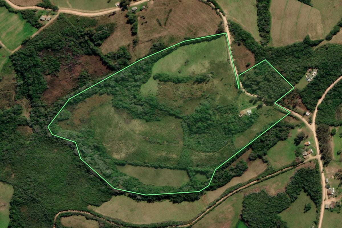 Imagem de satélite do imóvel rural em Canguçu (RS), com o contorno declarado no CAR desenhado por cima.
