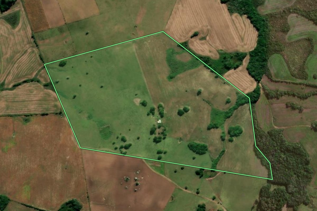 Imagem de satélite do imóvel rural em Canguçu (RS), com o contorno declarado no CAR desenhado por cima.