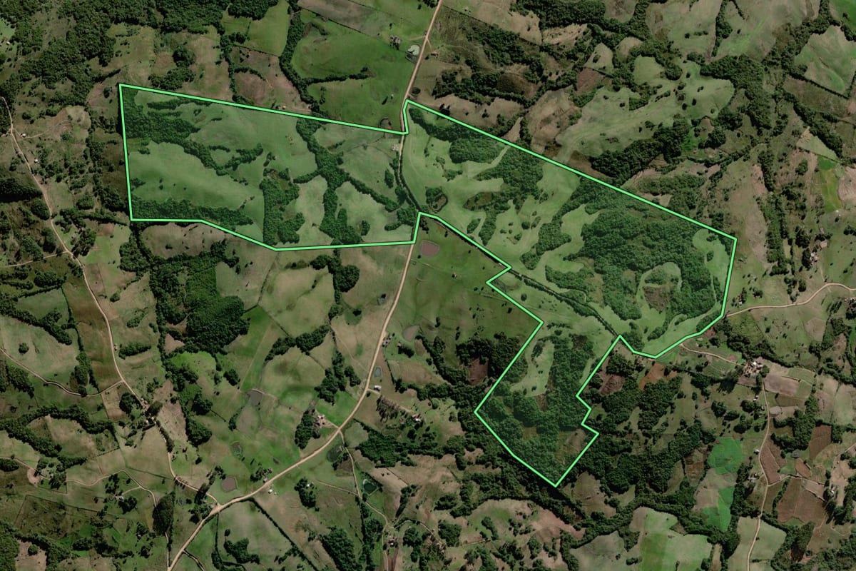 Imagem de satélite do imóvel rural em Canguçu (RS), com o contorno declarado no CAR desenhado por cima.