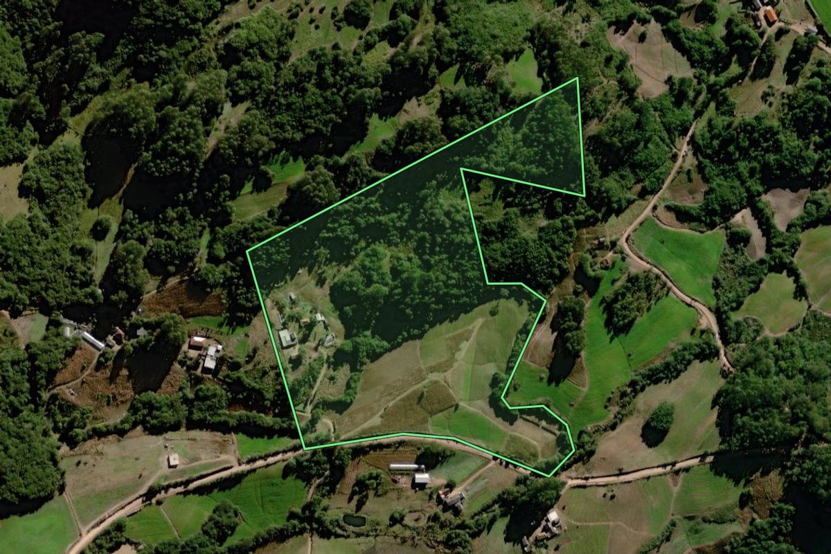 Imagem de satélite do imóvel rural em Canguçu (RS), com o contorno declarado no CAR desenhado por cima.