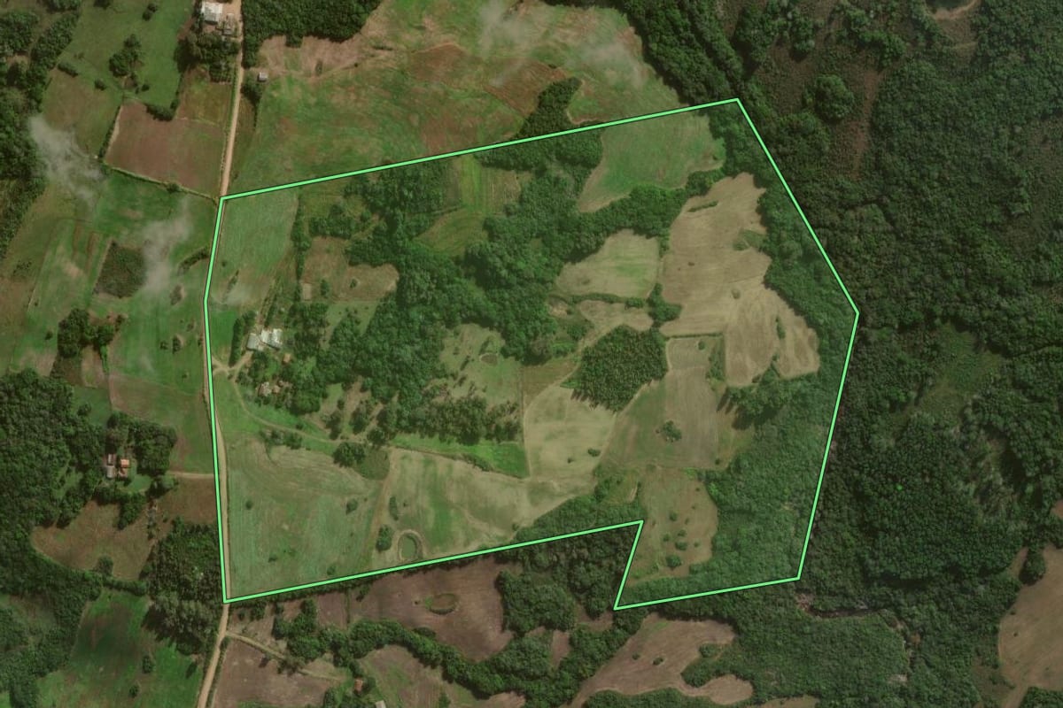 Imagem de satélite do imóvel rural em Canguçu (RS), com o contorno declarado no CAR desenhado por cima.