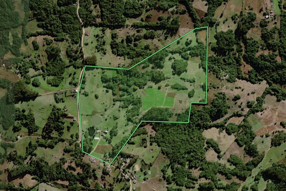 Imagem de satélite do imóvel rural em Canguçu (RS), com o contorno declarado no CAR desenhado por cima.