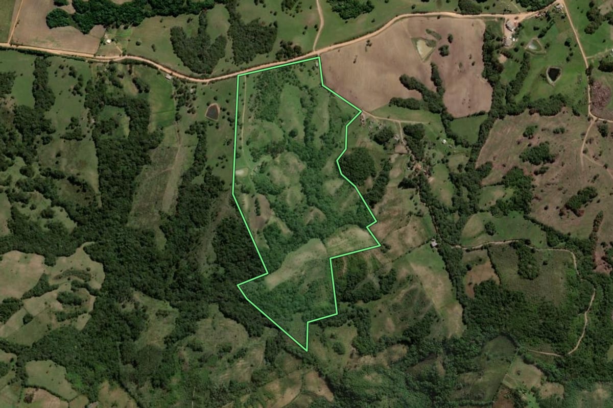 Imagem de satélite do imóvel rural em Canguçu (RS), com o contorno declarado no CAR desenhado por cima.