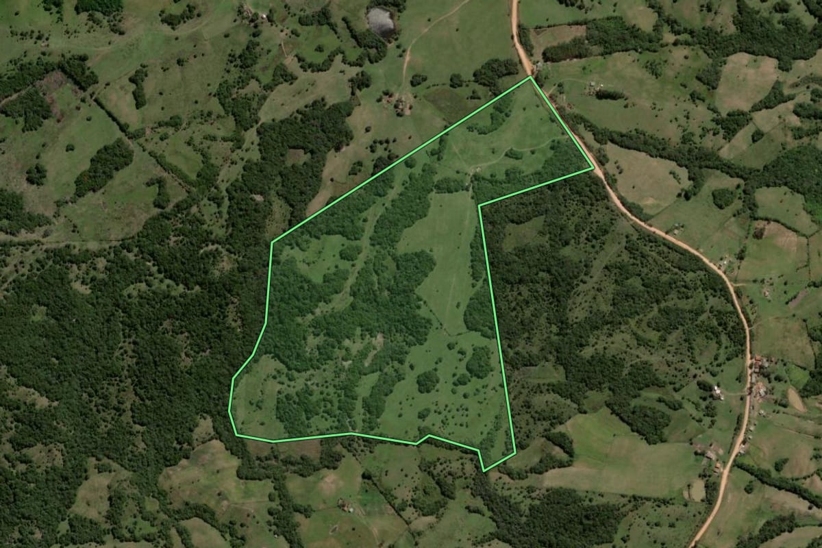 Imagem de satélite do imóvel rural em Canguçu (RS), com o contorno declarado no CAR desenhado por cima.