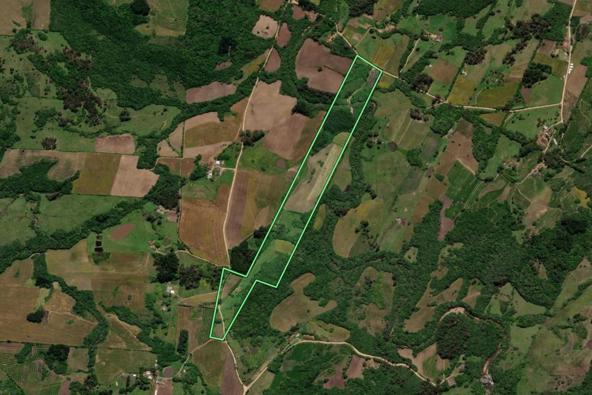 Imagem de satélite do imóvel rural em Canguçu (RS), com o contorno declarado no CAR desenhado por cima.