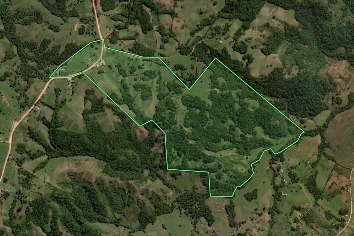 Imagem de satélite do imóvel rural em Canguçu (RS), com o contorno declarado no CAR desenhado por cima.