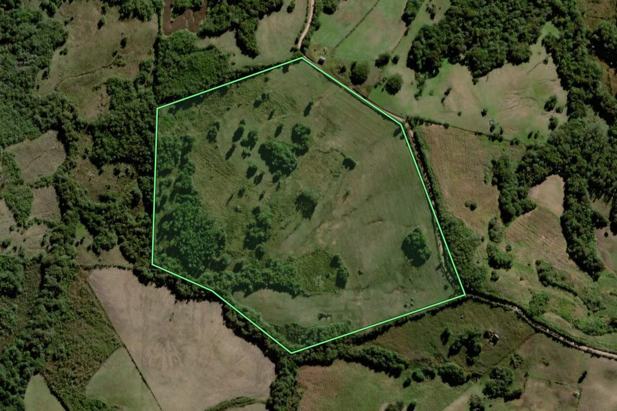 Imagem de satélite do imóvel rural em Canguçu (RS), com o contorno declarado no CAR desenhado por cima.