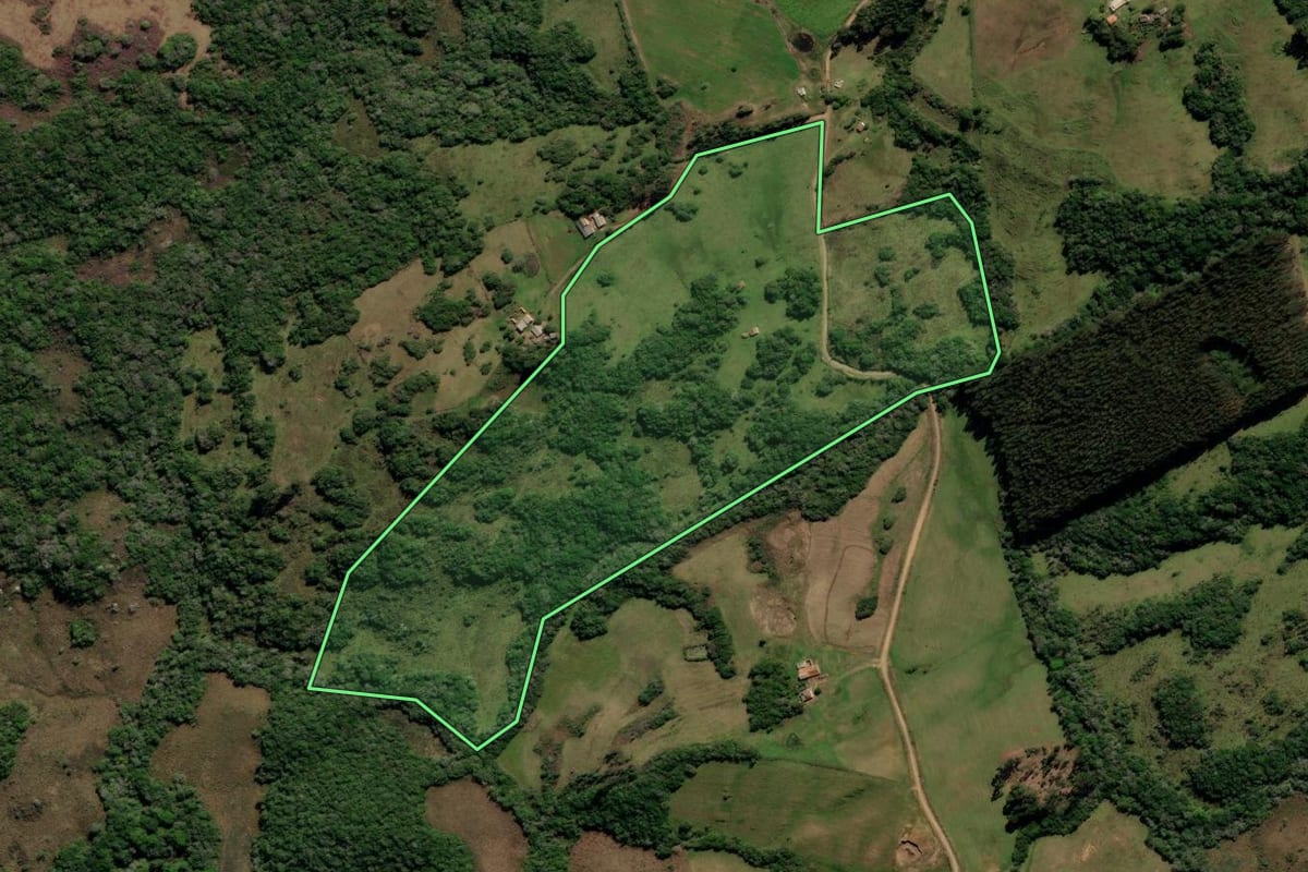 Imagem de satélite do imóvel rural em Canguçu (RS), com o contorno declarado no CAR desenhado por cima.