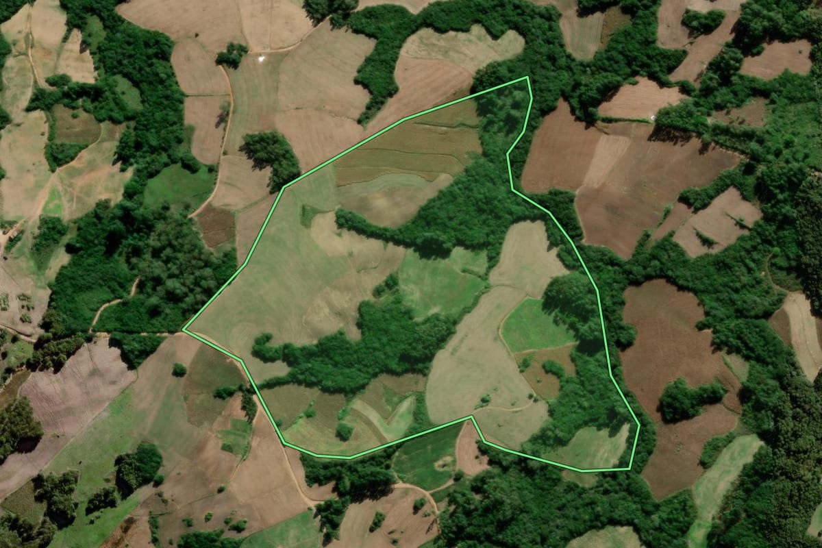 Imagem de satélite do imóvel rural em Canguçu (RS), com o contorno declarado no CAR desenhado por cima.