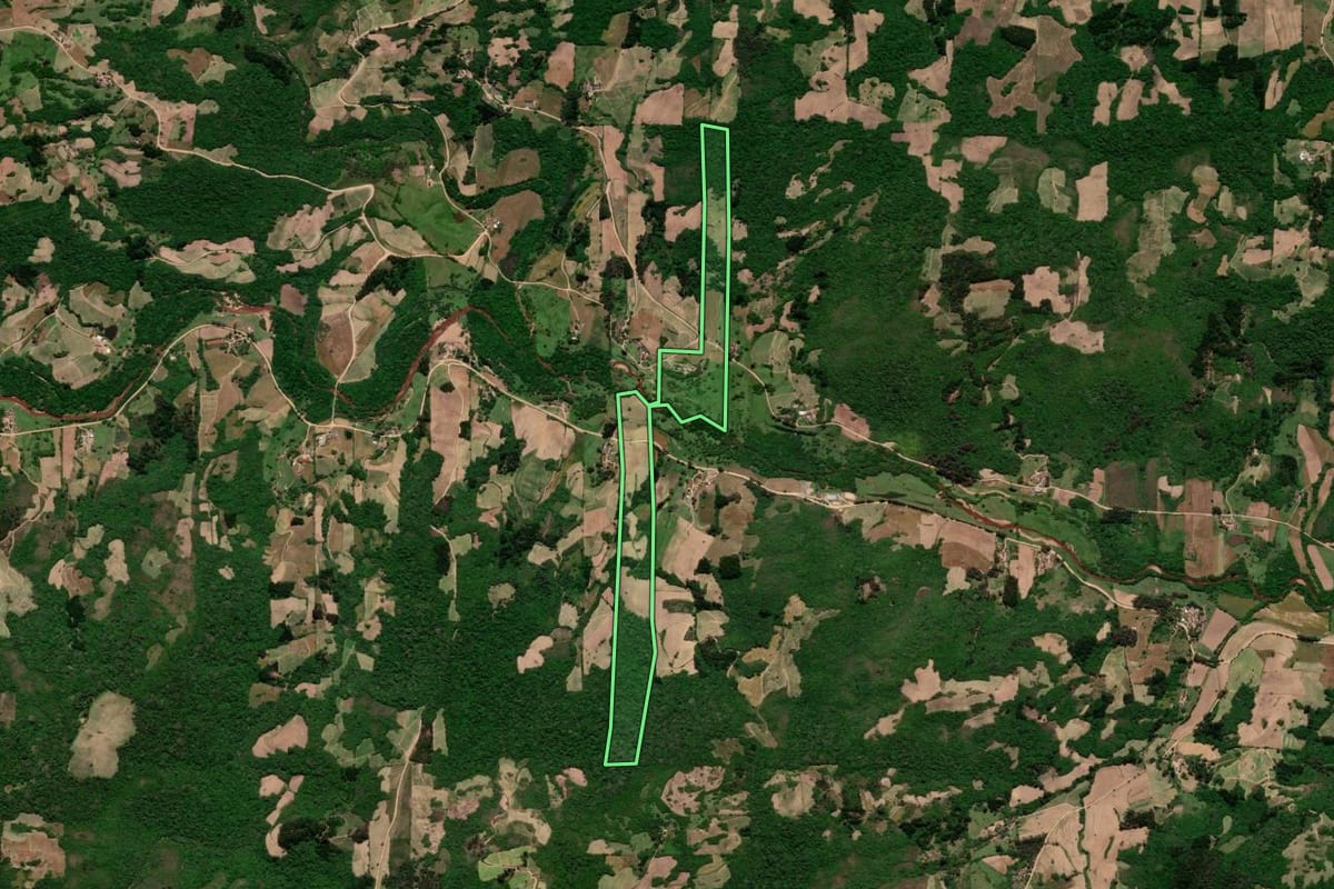 Imagem de satélite do imóvel rural em Canguçu (RS), com o contorno declarado no CAR desenhado por cima.
