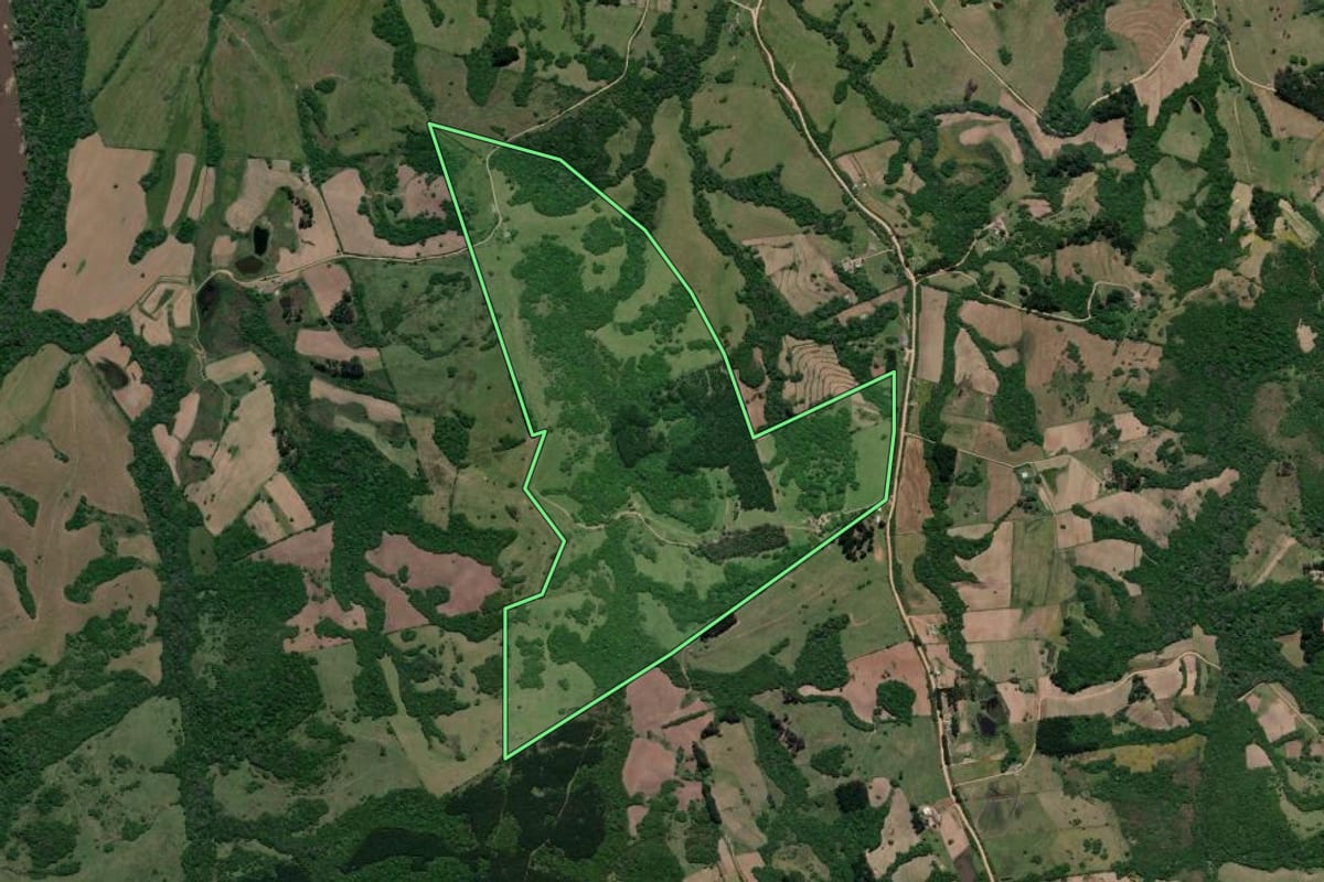 Imagem de satélite do imóvel rural em Canguçu (RS), com o contorno declarado no CAR desenhado por cima.