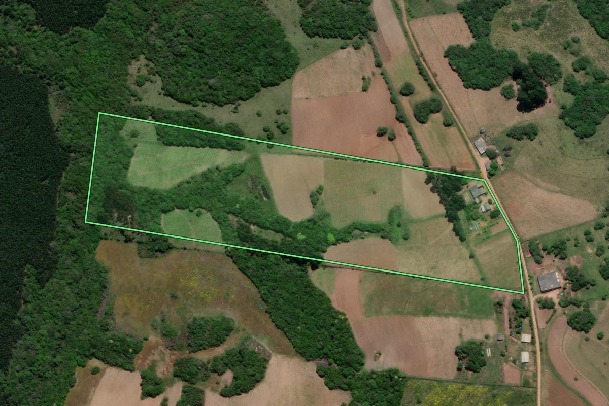 Imagem de satélite do imóvel rural em Canguçu (RS), com o contorno declarado no CAR desenhado por cima.