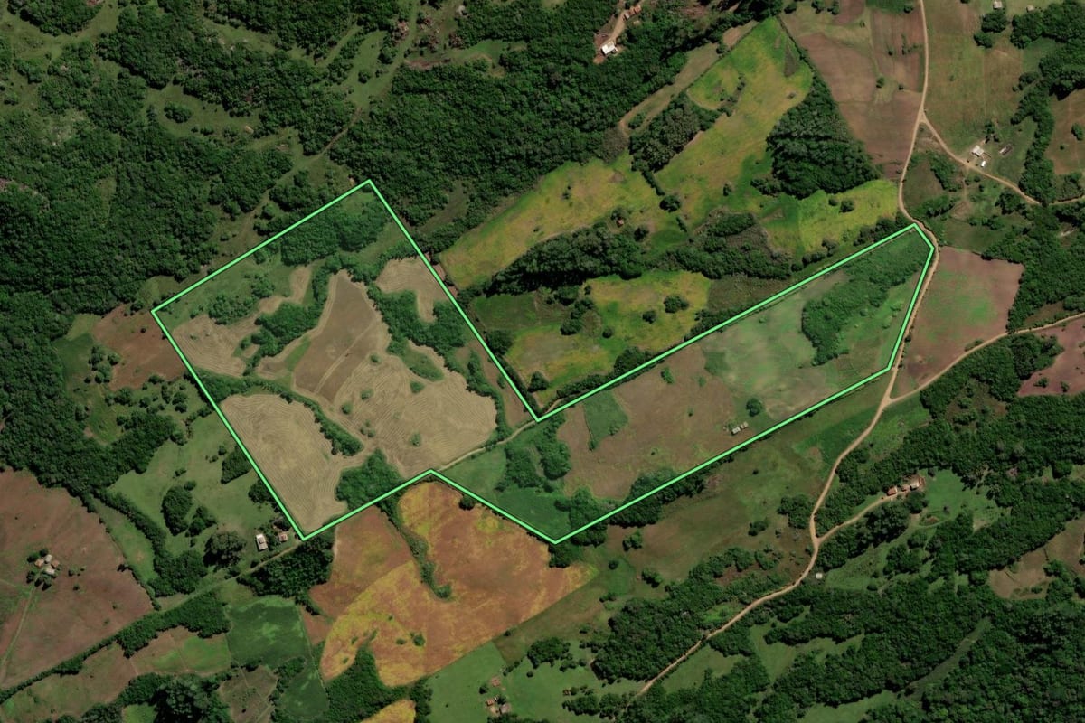 Imagem de satélite do imóvel rural em Canguçu (RS), com o contorno declarado no CAR desenhado por cima.