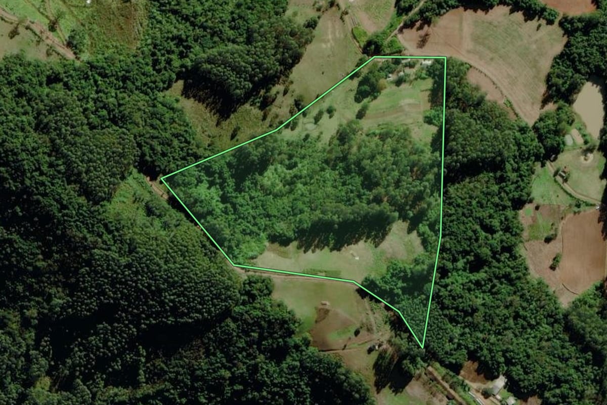 Imagem de satélite do imóvel rural em Canudos do Vale (RS), com o contorno declarado no CAR desenhado por cima.