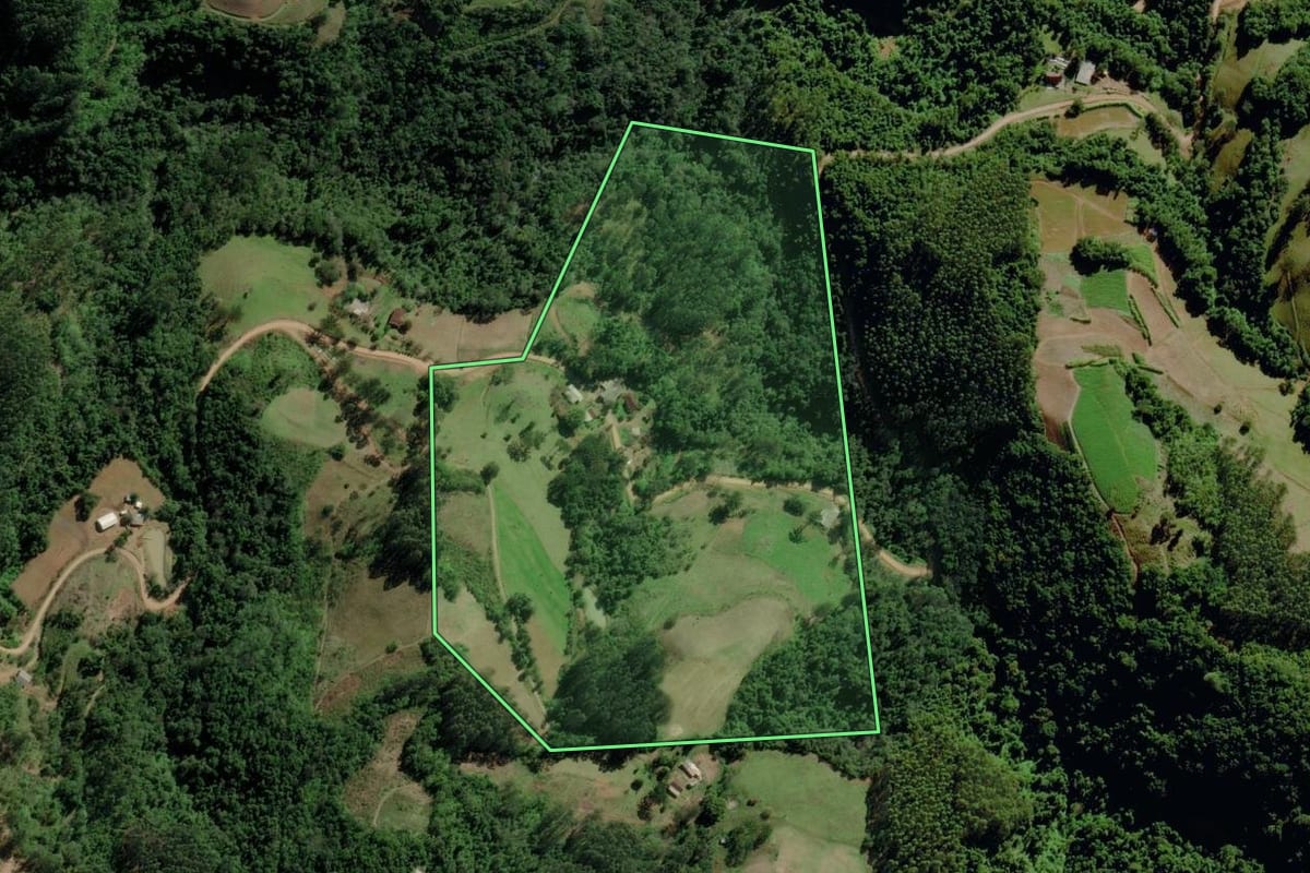 Imagem de satélite do imóvel rural em Canudos do Vale (RS), com o contorno declarado no CAR desenhado por cima.