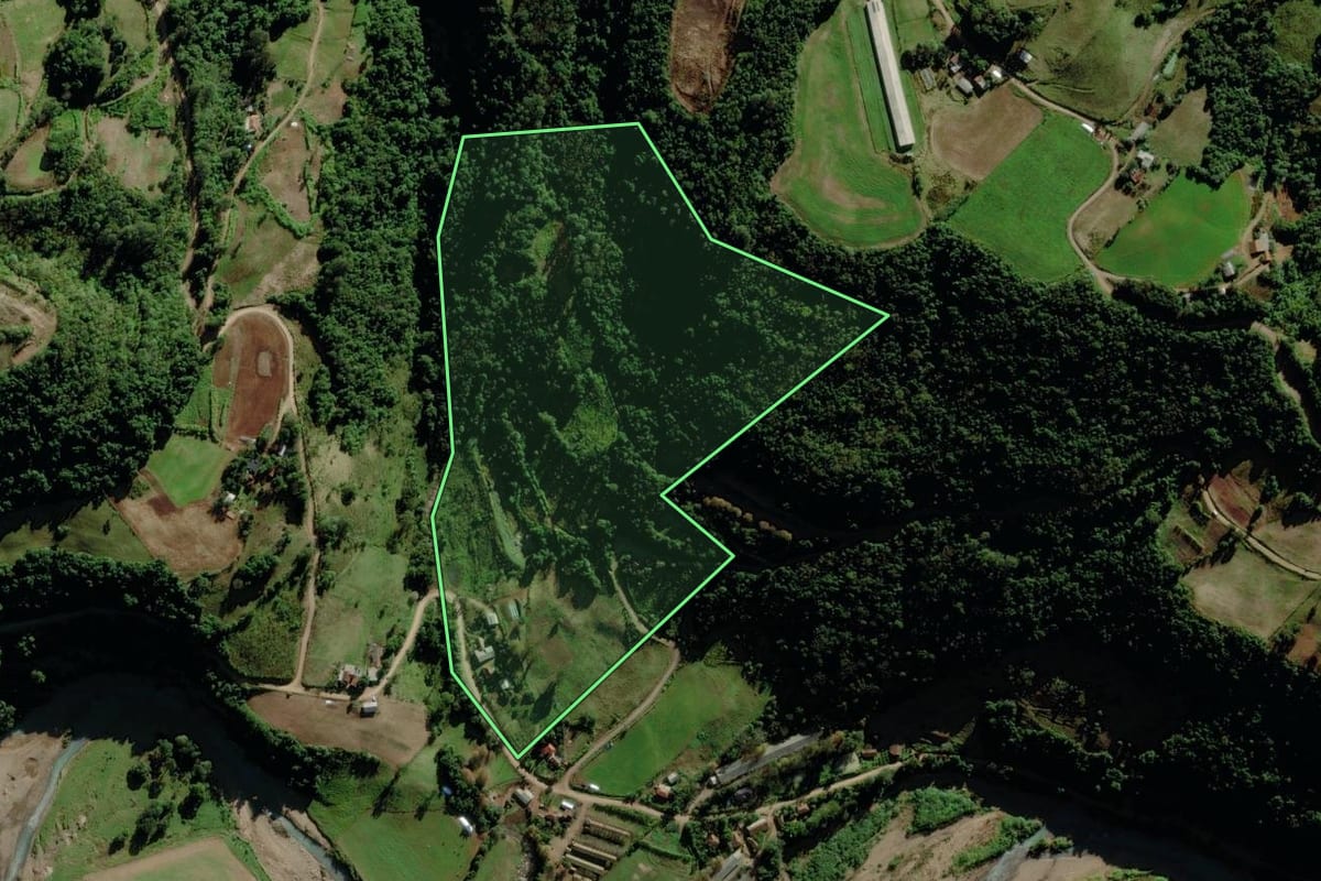 Imagem de satélite do imóvel rural em Canudos do Vale (RS), com o contorno declarado no CAR desenhado por cima.
