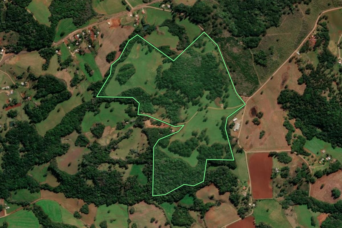 Imagem de satélite do imóvel rural em Capão Bonito do Sul (RS), com o contorno declarado no CAR desenhado por cima.