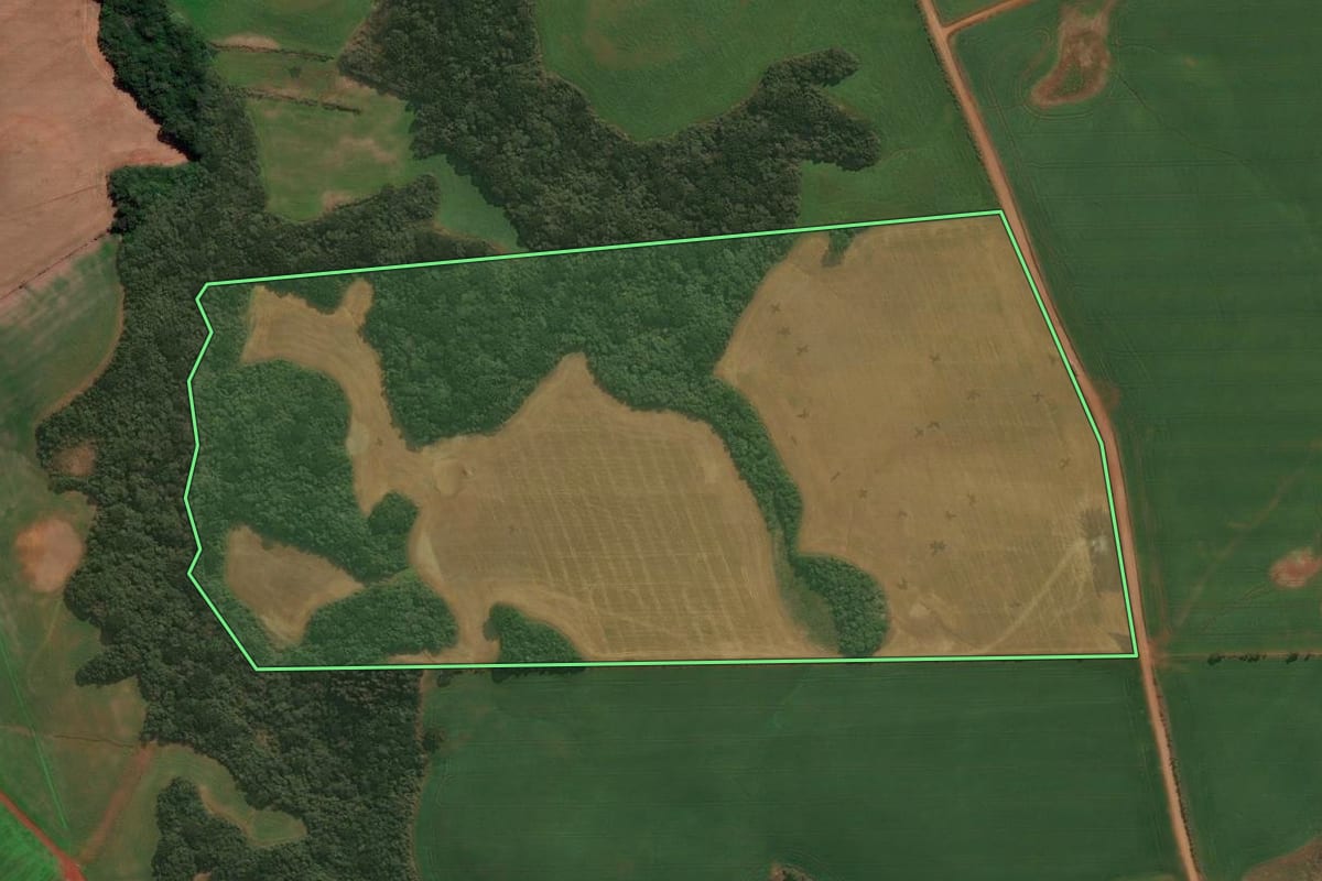 Imagem de satélite do imóvel rural em Capão Bonito do Sul (RS), com o contorno declarado no CAR desenhado por cima.