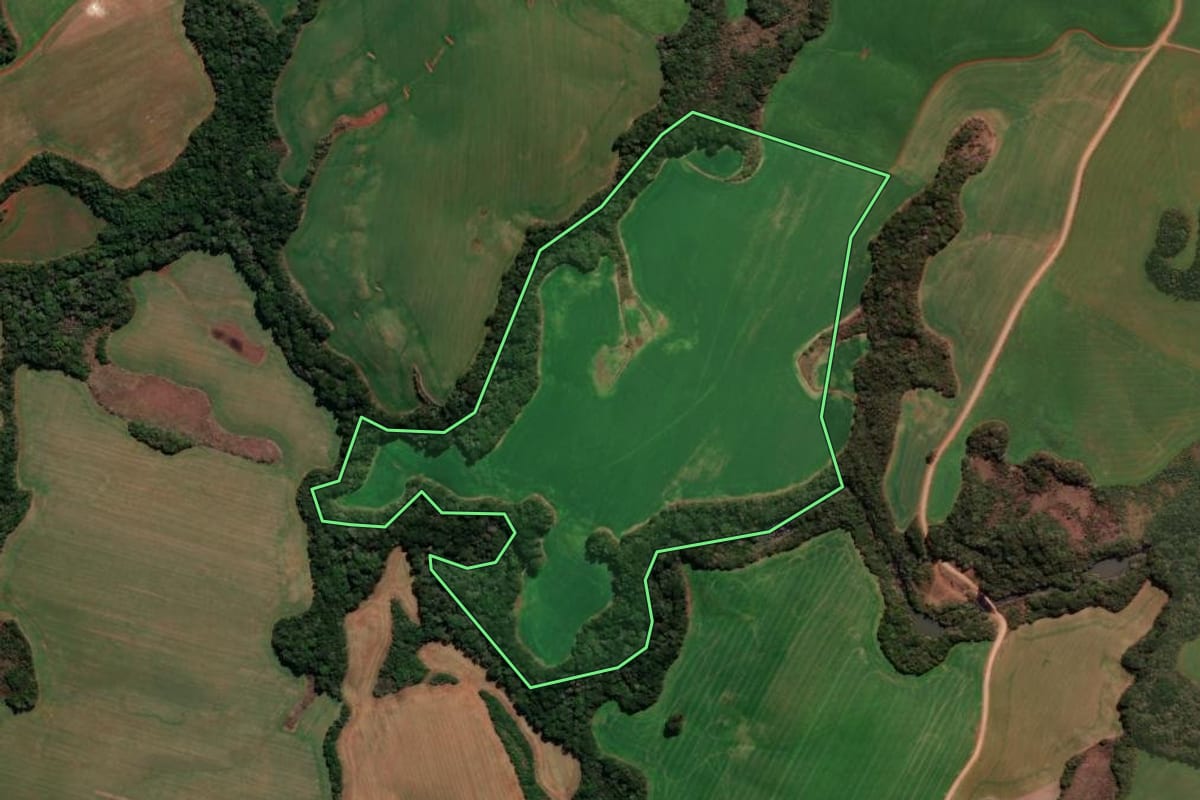 Imagem de satélite do imóvel rural em Capão Bonito do Sul (RS), com o contorno declarado no CAR desenhado por cima.