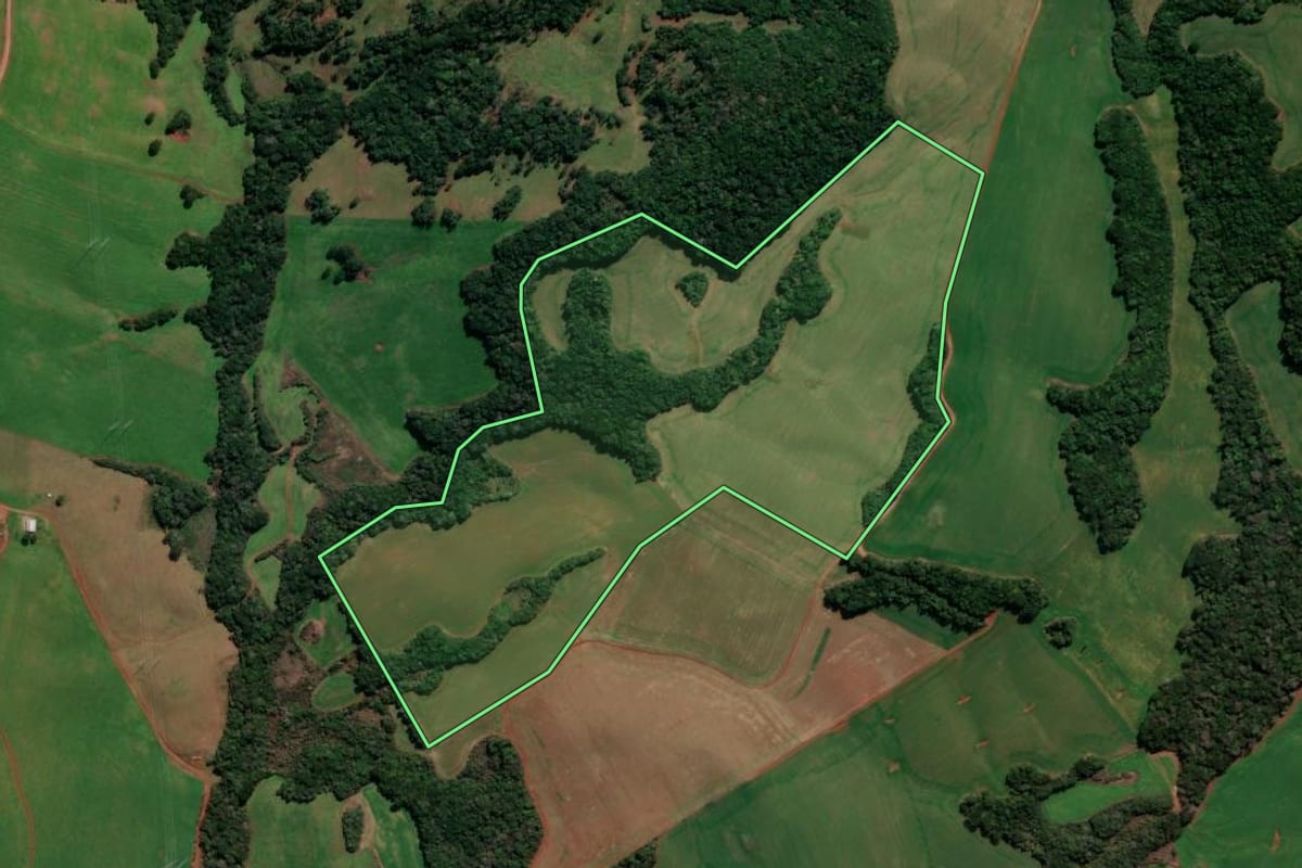Imagem de satélite do imóvel rural em Capão Bonito do Sul (RS), com o contorno declarado no CAR desenhado por cima.