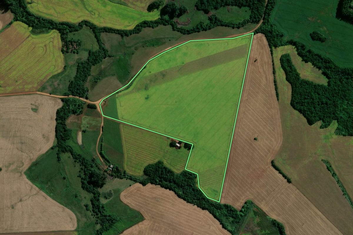 Imagem de satélite do imóvel rural em Capão do Cipó (RS), com o contorno declarado no CAR desenhado por cima.