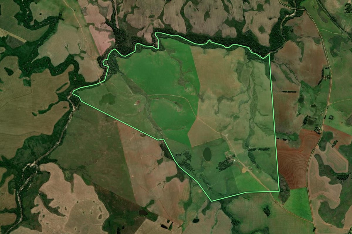 Imagem de satélite do imóvel rural em Capão do Cipó (RS), com o contorno declarado no CAR desenhado por cima.