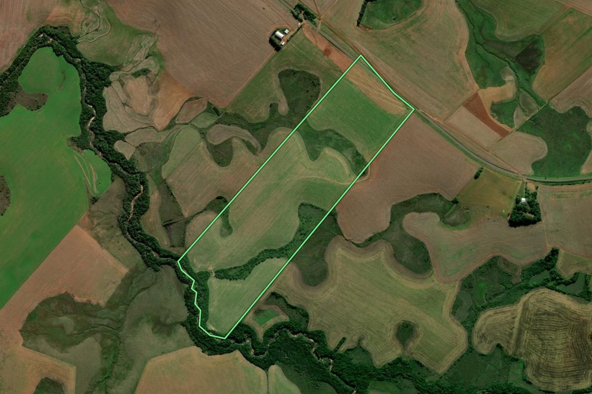 Imagem de satélite do imóvel rural em Capão do Cipó (RS), com o contorno declarado no CAR desenhado por cima.