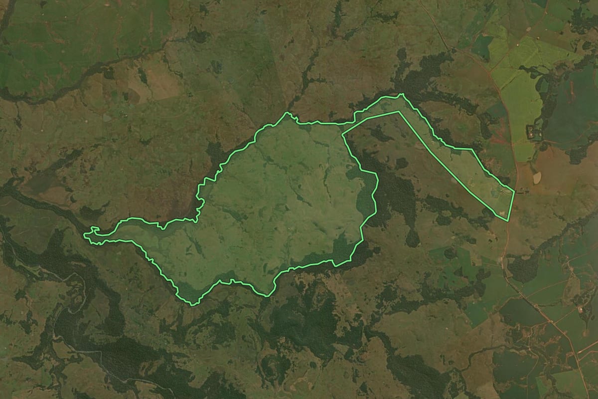 Imagem de satélite do imóvel rural em Capão do Cipó (RS), com o contorno declarado no CAR desenhado por cima.