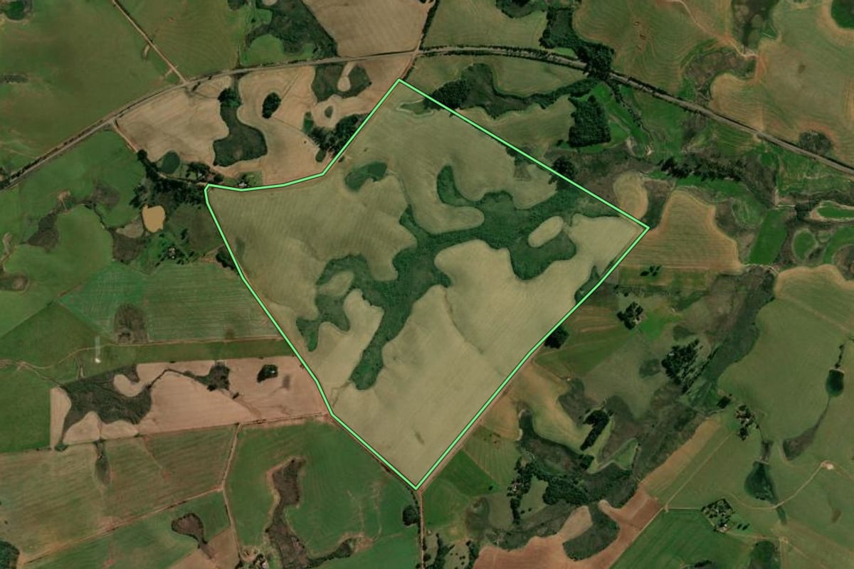 Imagem de satélite do imóvel rural em Capão do Cipó (RS), com o contorno declarado no CAR desenhado por cima.