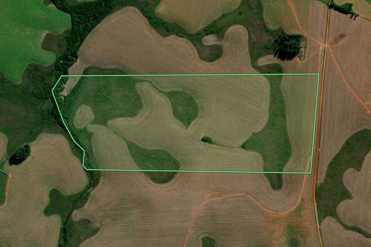 Imagem de satélite do imóvel rural em Capão do Cipó (RS), com o contorno declarado no CAR desenhado por cima.