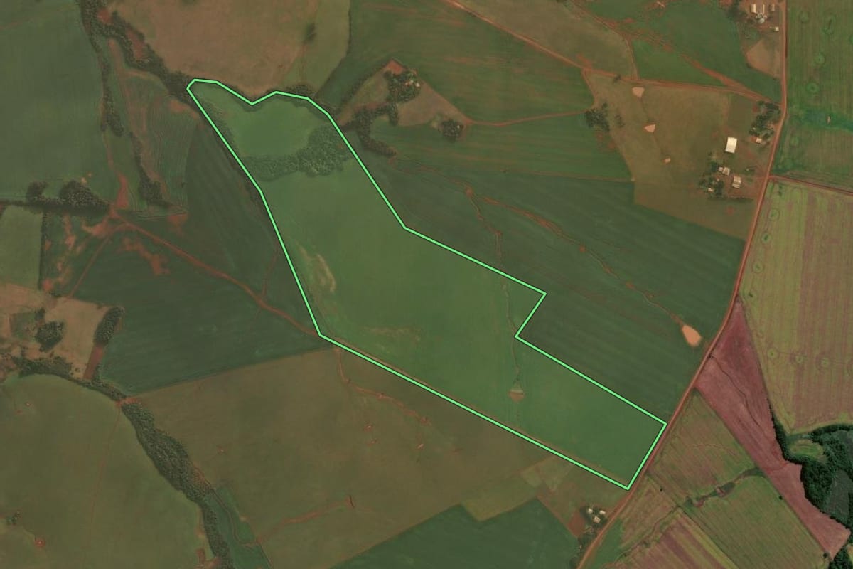 Imagem de satélite do imóvel rural em Capão do Cipó (RS), com o contorno declarado no CAR desenhado por cima.