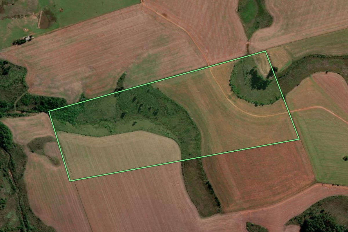 Imagem de satélite do imóvel rural em Capão do Cipó (RS), com o contorno declarado no CAR desenhado por cima.